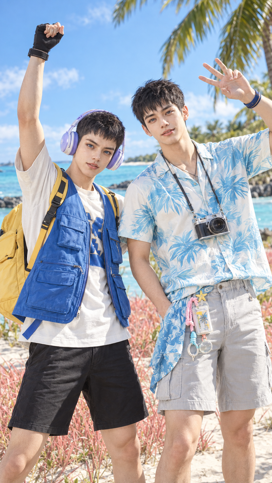 Me in purple headphones beside Reki, with a camera hanging around his neck, on a sunny tropical beach
